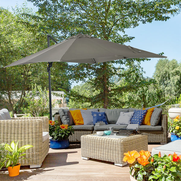 8-foot square cantilever parasol with 360° rotation, made of aluminum, light grey