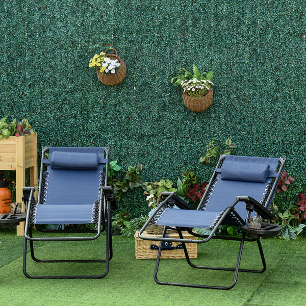 Set of 2 folding chairs with zero-gravity canopy, blue