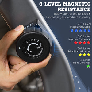 Stationary bike with 8 levels of magnetic resistance, LCD display, adjustable seat and backrest