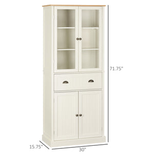 Storage unit with glass doors, drawer and adjustable shelves, cream white