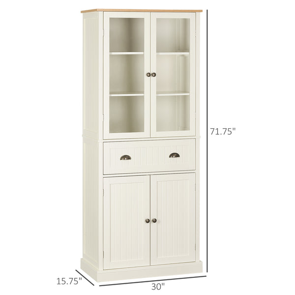 Storage unit with glass doors, drawer and adjustable shelves, cream white