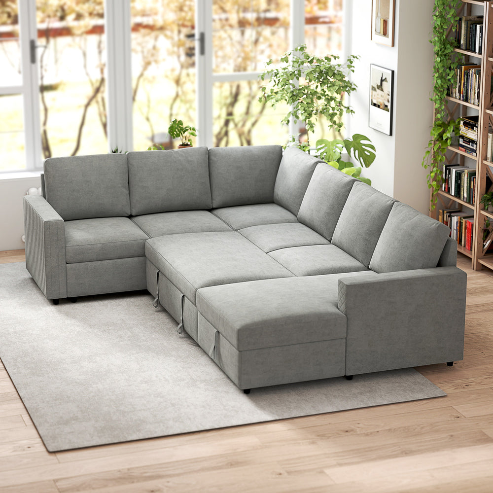Sofa bed with hidden storage, chaise longue, velvet upholstery, gray