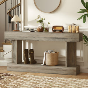 Narrow, vintage-style console table with storage shelf, light brown