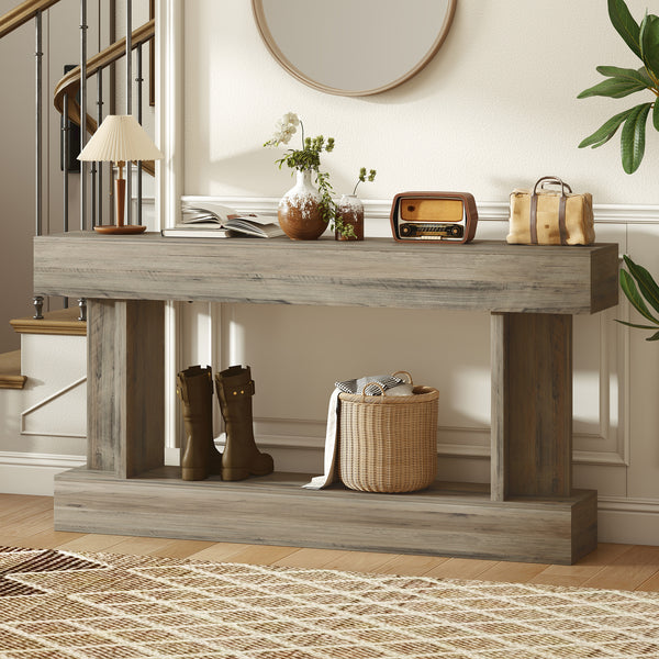 Narrow, vintage-style console table with storage shelf, light brown