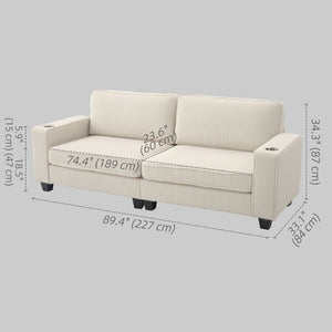 3 seater fabric sofa with spring cushion and cup holders, cream white