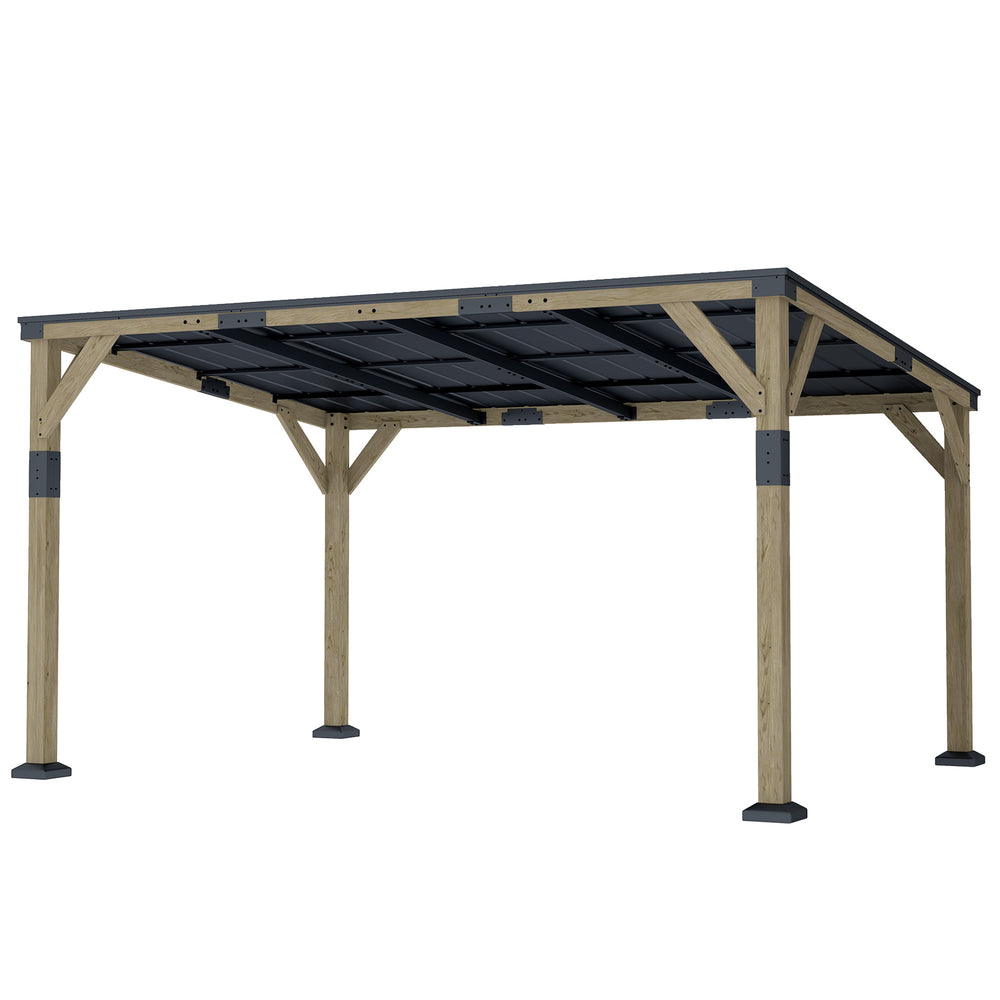 14' x 10' galvanized steel pergola with rigid roof and wooden frame, patio awning, dark grey
