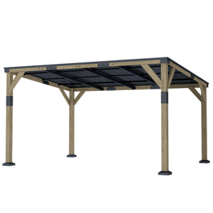 14' x 10' galvanized steel pergola with rigid roof and wooden frame, patio awning, dark grey