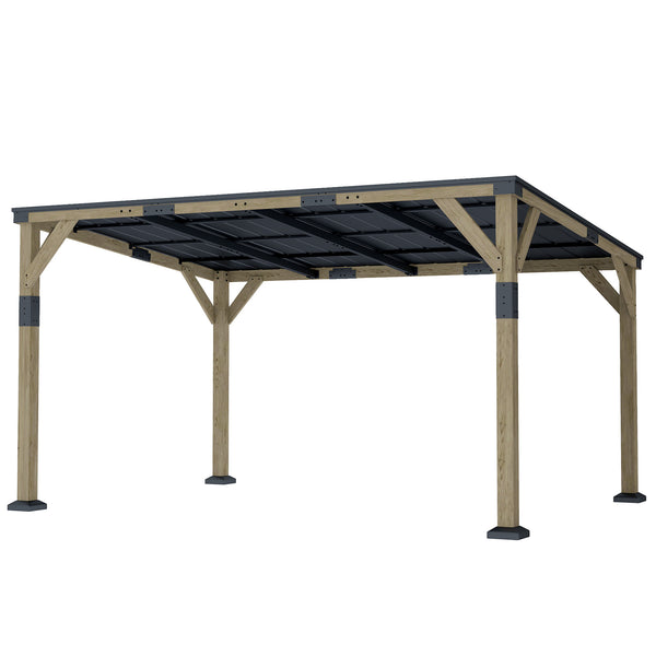 14' x 10' galvanized steel pergola with rigid roof and wooden frame, patio awning, dark grey
