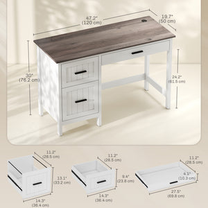 Country-style computer desk with 3 drawers, white