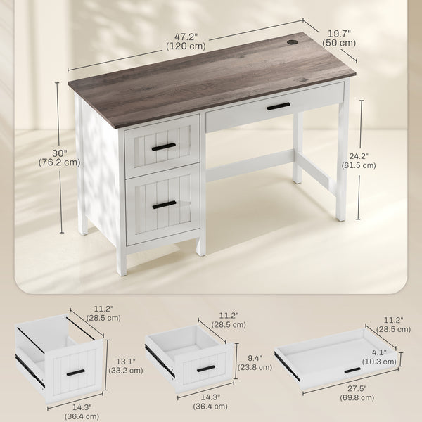 Country-style computer desk with 3 drawers, white