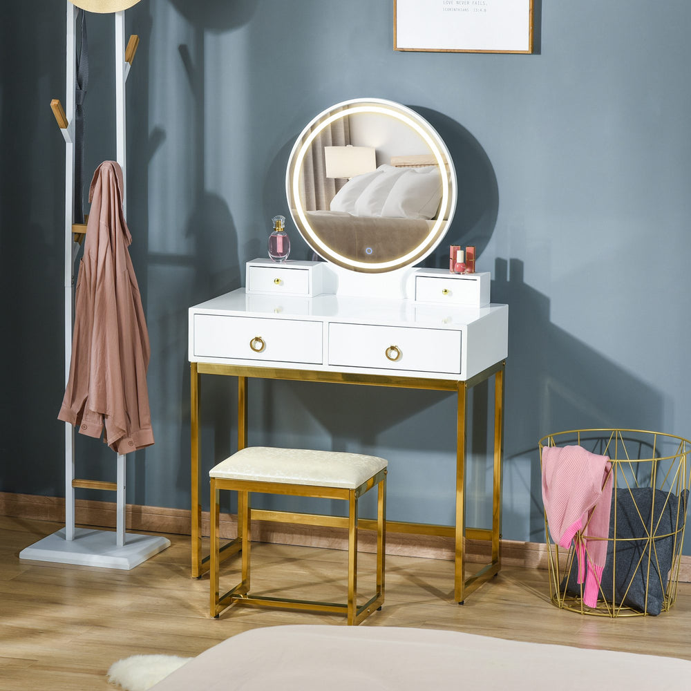 Dressing table with 3-color touch mirror and dimmable lighting, white