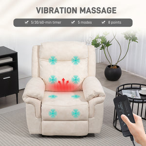 Recliner Chair with Vibration Massage, Microfiber Side Pockets for Living Room, Cream White