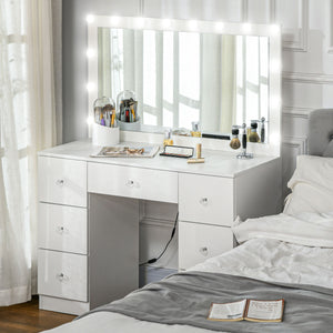 Dressing table with mirror and lighting, 7 drawers and 14 LEDs, white