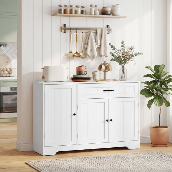 Storage sideboard with drawer, 2 cabinets, adjustable shelves and door storage – White