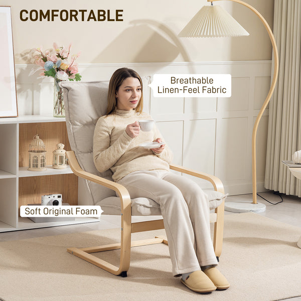 Upholstered accent chair with curved legs and armrests, cream white