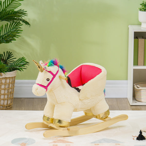 Rocking Unicorn with Sounds, Seat Belt, Wooden Base, Cream White