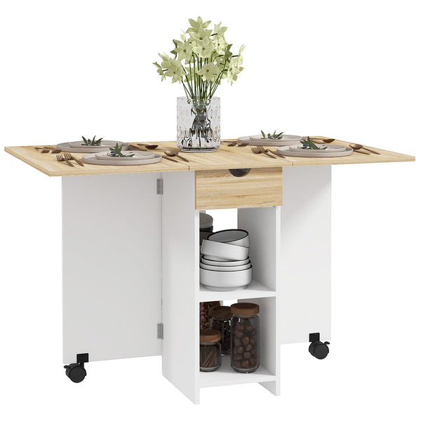 Folding dining table with drawer and storage shelves, oak 