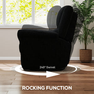 Electric reclining chair, fabric upholstery, USB ports, swivel and rocking function, footrest, black