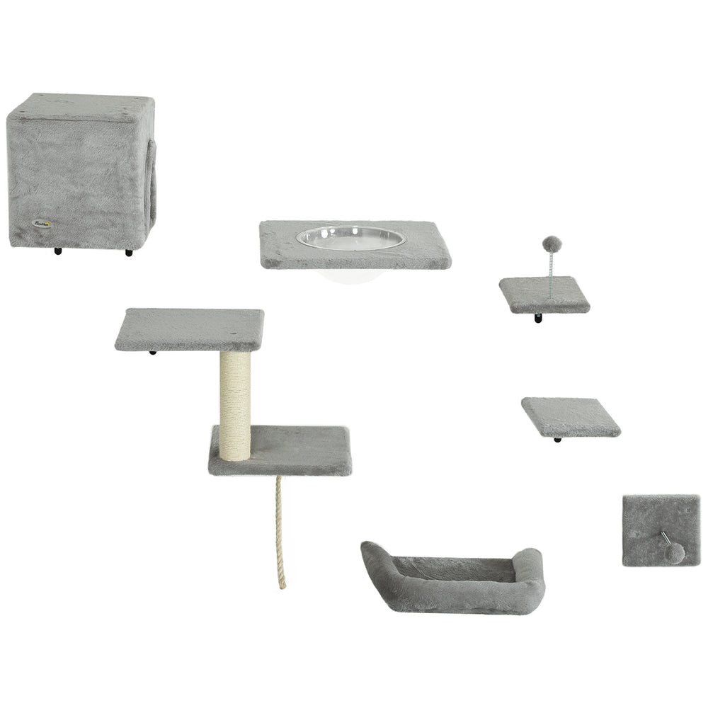 Set of 7 wall shelves and perches with house, grey