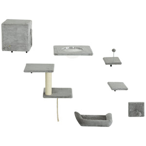 Set of 7 wall shelves and perches with house, grey
