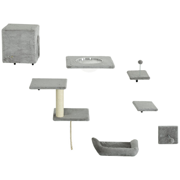 Set of 7 wall shelves and perches with house, grey