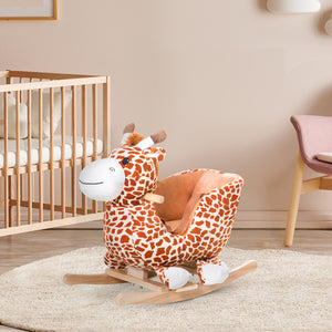 Wooden and plush rocking giraffe with sound and seat belt 