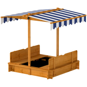 Wooden sandbox with cover, folding benches and adjustable canopy