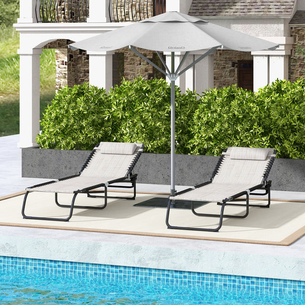 Lot de 2 chaises longues pliantes blanc crème avec dossier réglable et appui-tête intégré, parfaites pour la terrasse ou le jardin