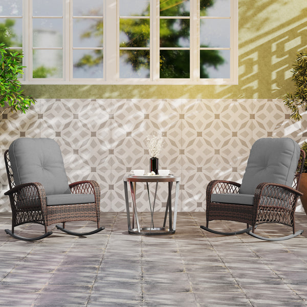 Lot de 2 fauteuils à bascule d'extérieur en rotin et osier gris avec coussins épais, idéal pour terrasse ou balcon