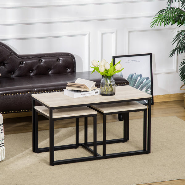 Lot de 3 tables d’appoint modernes avec cadre en métal noir et plateau effet bois naturel pour salon

