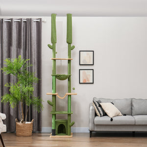 Cat tree 226-254 cm, ceiling height with scratching posts, grooming brush and niche, green