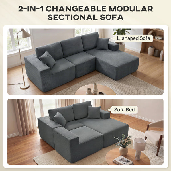 2-in-1 Modular Sectional Sofa, Boneless L Shaped Couch Sofa Bed, Dark Grey