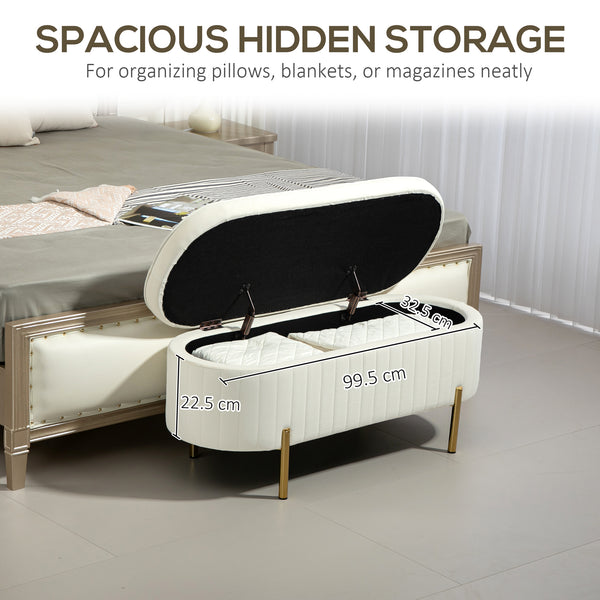 Upholstered tufted bedroom bench with metal legs, cream white