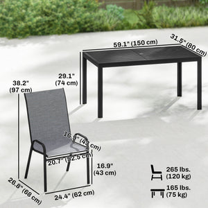 6-seater outdoor dining set, mesh stacking chairs with parasol hole, grey