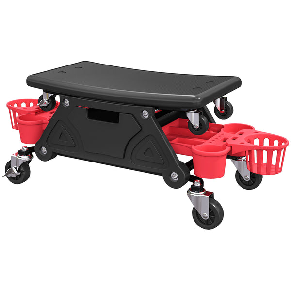 Padded rolling garage stool with tool storage, black.