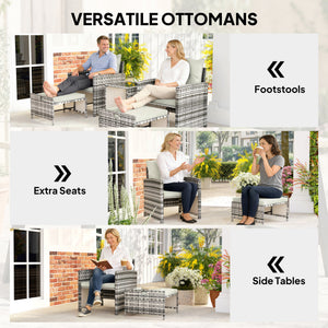 5 Piece Patio Furniture Set, Wicker Patio Chairs with Ottomans, 2-Tier Glass Coffee Table and Cushions, Grey/Cream White