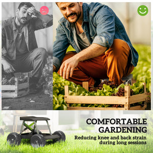 Rolling garden stool with integrated tool tray