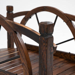 Wooden garden bridge, decorative arched walkway with safety railing 