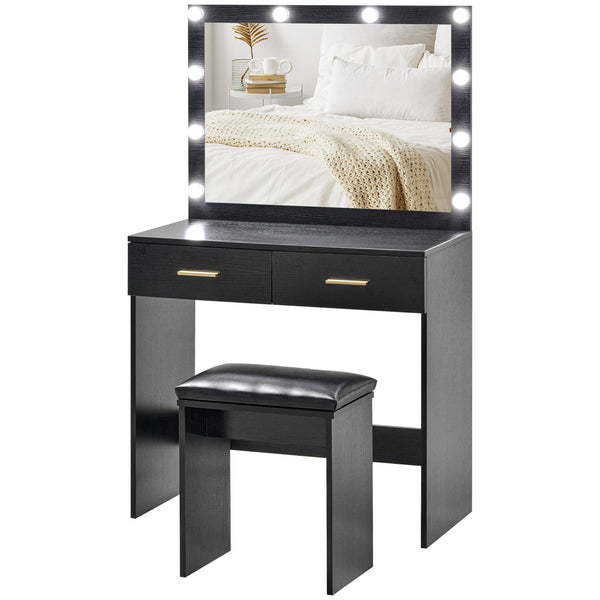 Dressing table with stool, LED illuminated mirror and drawers, black