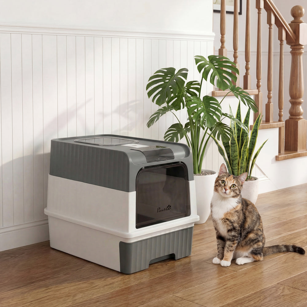 Enclosed litter box with drawer and top entry, grey