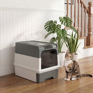 Enclosed litter box with drawer and top entry, grey
