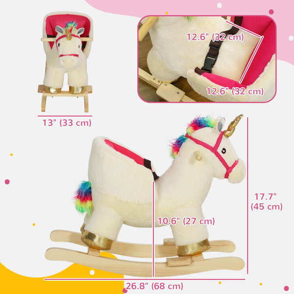 Rocking Unicorn with Sounds, Seat Belt, Wooden Base, Cream White