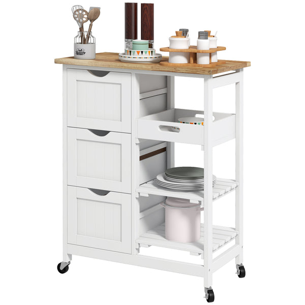 Kitchen trolley on castors with wooden top, 3 drawers and shelves, white