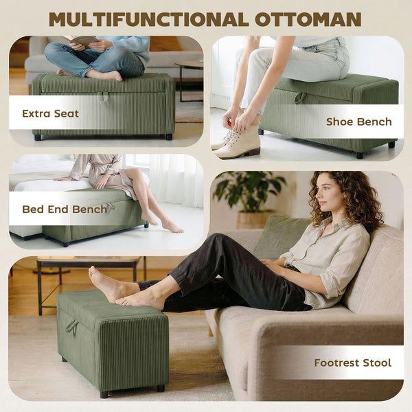 Corduroy Storage Ottoman with Thick Padding, Bedroom Storage Bench, Dark Green