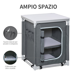 Aluminum camping cooking station with 2-shelf cabinet and carrying bag