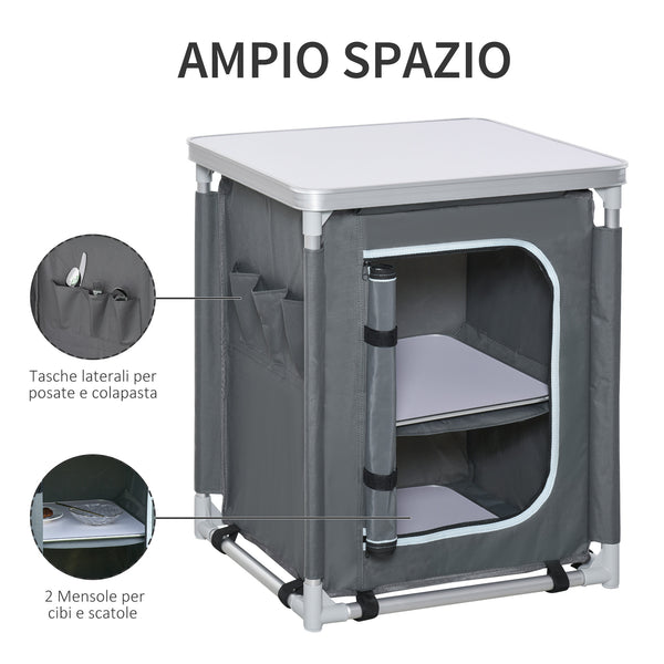Aluminum camping cooking station with 2-shelf cabinet and carrying bag