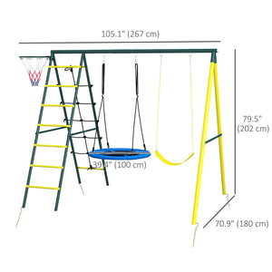 4-in-1 module with saucer swing, seat, climbing ladder/net and basketball hoop