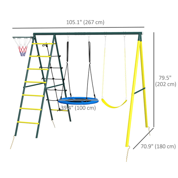 4-in-1 module with saucer swing, seat, climbing ladder/net and basketball hoop