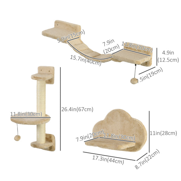 Wall-mounted cat tree with scratching post, ladder, perches and cloud-shaped shelves, beige
