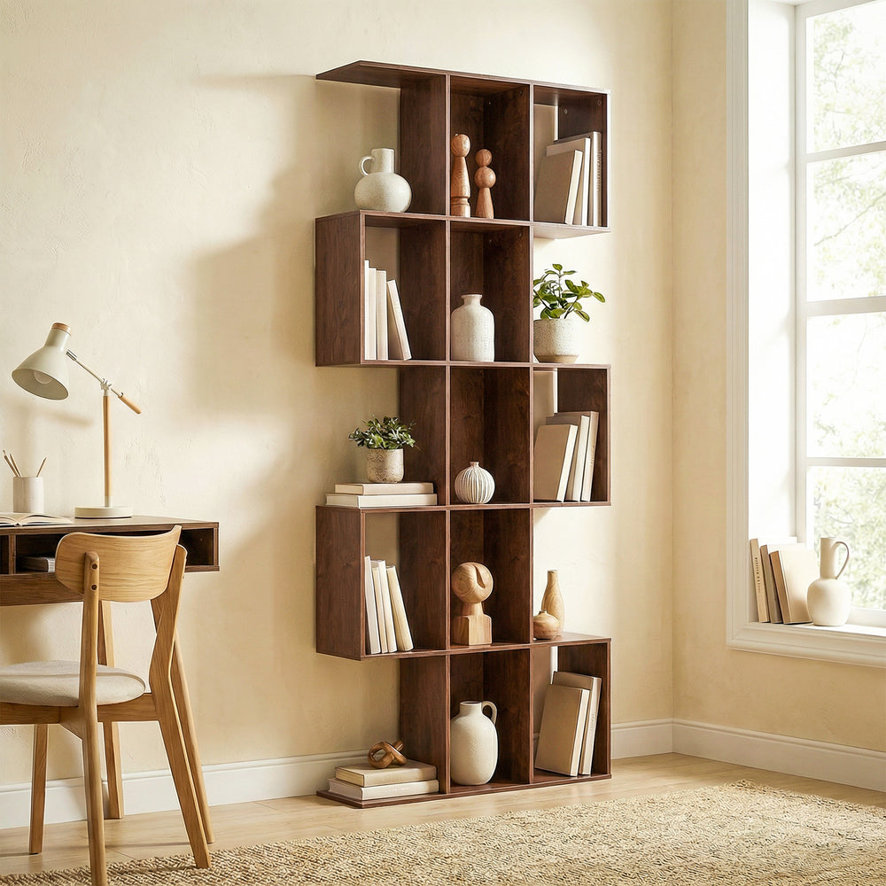 5-Tier Bookcase, S-Shaped Geometric Bookshelf with 15 Compartments, Black Wood Look.